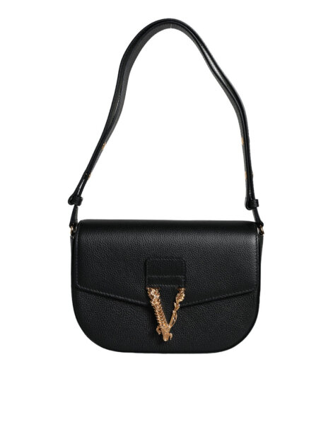 Versace Damen Clutch 45264108, schwarze Lederhandtasche mit goldfarbenem V-Logo, Handgelenkriemen, Schulterriemen