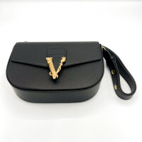 Versace Damen Clutch 45264108, schwarze Lederhandtasche mit goldfarbenem V-Logo, Handgelenkriemen, Schulterriemen