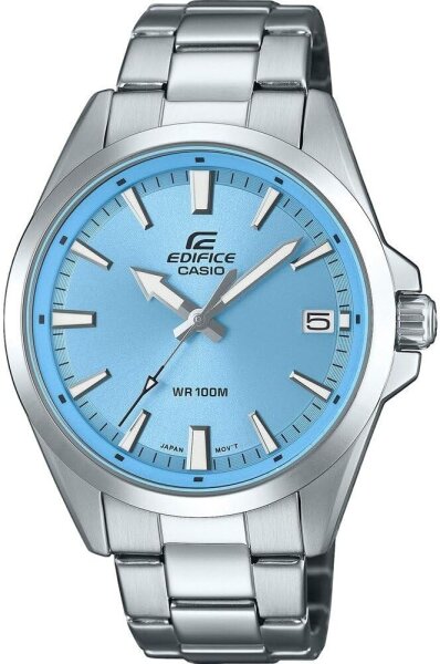 Casio Edifice EFV-100D-2BV Herrenuhr, Quarz, 10 BAR wasserdicht, verschraubte Krone, hellblaues Zifferblatt, Datumsanzeige, silbernes Metallarmband