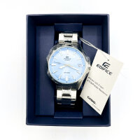 Casio Edifice EFV-100D-2BV Herrenuhr, Quarz, 10 BAR wasserdicht, verschraubte Krone, hellblaues Zifferblatt, Datumsanzeige, silbernes Metallarmband