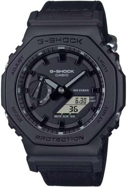 Casio G-Shock GA-2100BCE-1A Herrenuhr, 45 mm, schwarz, 20 bar wasserdicht, Carbon Core Guard, analog-digital, Stoppuhr, Alarm, Nylonband