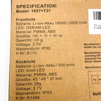 Toptrek 1057+T37 LED-Fahrradbeleuchtungsset, 3,7V, IPX5, 2000mAh Li-Ion, OSRAM-LED, Front- & Rücklicht, wiederaufladbar, Schwarz
