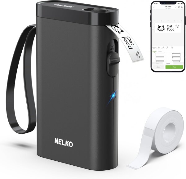Nelko P21 Mini Label Printer, portable, wireless, Bluetooth, USB-C, 5V/1A, incl. cable & instructions, black