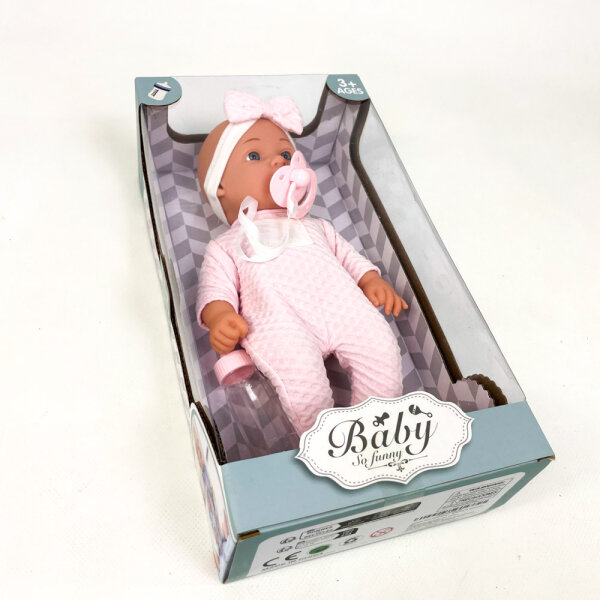 So Lustige Babypuppe ab 3 Jahren, rosa Kleidung, inkl. Schnuller & Fläschchen, weicher Körper