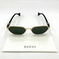 Gucci GG1593S Unisex-Sonnenbrille, goldfarbenes Metall, grüne Gläser, schwarze Bügel, 56 mm, inkl. bordeauxrotem Etui