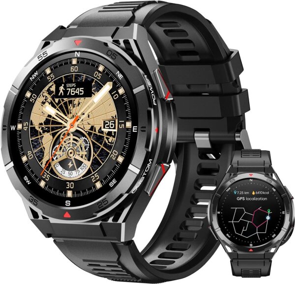 OUKITEL BT12 Smartwatch, 1,43" AMOLED, 36 GB Speicher, Android 15, 341x341 Pixel, 5G, Nano-SIM, Bluetooth, USB-C, 480 mAh, wasserdicht, Schwarz