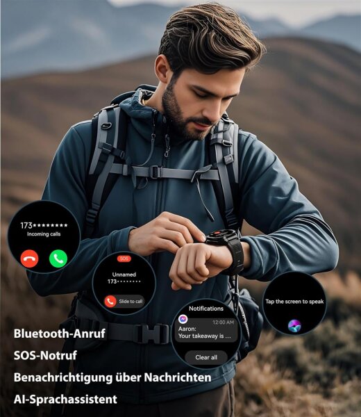 OUKITEL BT12 Smartwatch, 1,43" AMOLED, 36 GB Speicher, Android 15, 341x341 Pixel, 5G, Nano-SIM, Bluetooth, USB-C, 480 mAh, wasserdicht, Schwarz
