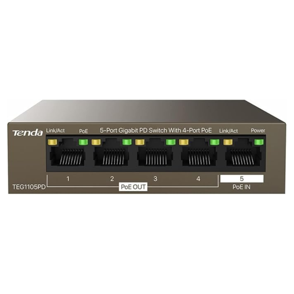 Tenda TEG1105PD 5-Port Gigabit Switch, 4x PoE, IEEE 802.3af, PSE & PD, 6kV surge protection, PoE up to 325m, RoHS, for WLAN/IP cameras