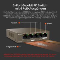 Tenda TEG1105PD 5-Port Gigabit Switch, 4x PoE, IEEE 802.3af, PSE & PD, 6kV Blitzschutz, PoE bis 325m, RoHS, für WLAN/IP-Kameras