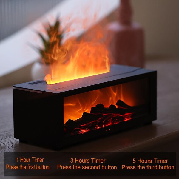Kaminflammen-Aroma-Diffusor, 5V/2A, ≥10W, 261x101x97mm, Timer (1/3/5 Std.), schwarz, stimmungsvolles Flammendesign