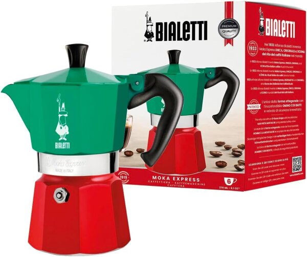 Bialetti Moka Express 6-cup espresso maker, 270 ml, aluminum, tricolor, classic design