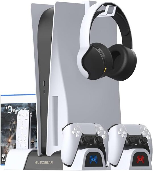 ElecGear PS5 Kühl- und Ladestation, DualSense Controller-Dock, Lüfter, vertikaler Spielehalter, Headset- und Fernbedienungsablage