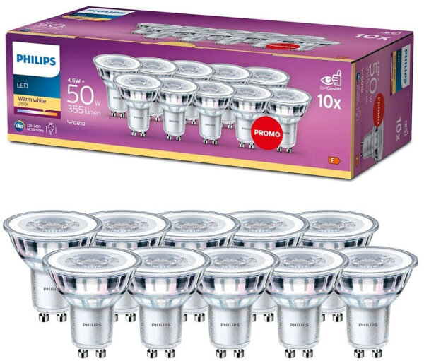 Philips GU10 LED spotlight, 50W equivalent, 355lm, 2700K warm white, 36° beam angle, 220–240V, 10-pack, energy class F