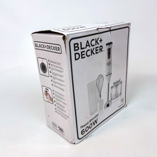 Black+Decker BXHBA600E Hand Blender Set, 600W, incl. whisk, chopper, measuring cup, stainless steel, white/black