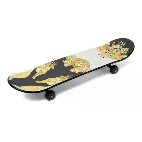 Versace Skateboard, Medusa-Barockdesign, Komplettboard mit Achsen & Rollen, schwarz-weiß-gold, Luxus-Skateboard