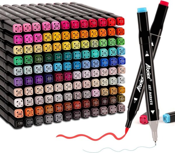 ABEIER 120 Farben Dual Brush Marker Set, wasserbasierte ungiftige Doppelfasermaler, ideal für Journaling, Skizzen, Illustration, Malbücher
