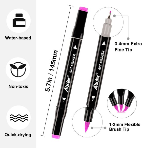 ABEIER 120 Colors Dual Brush Marker Set, water-based non-toxic dual-action fiber markers, ideal for journaling, sketching, illustration, coloring books