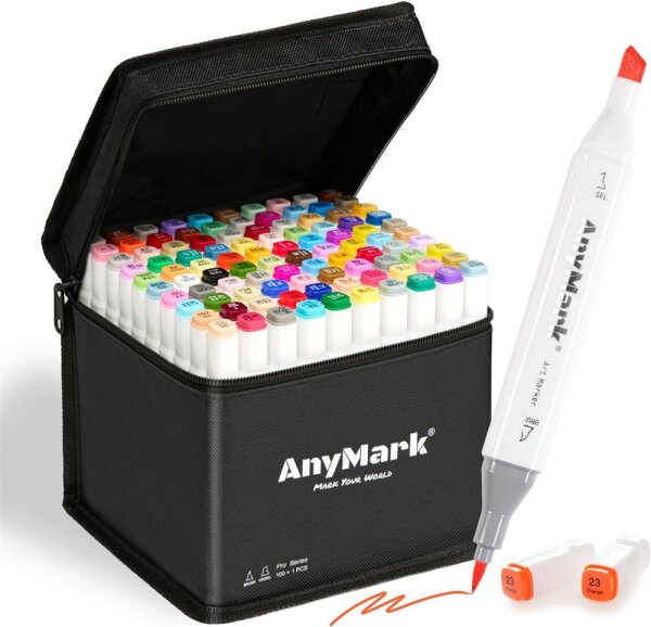 AnyMark Alkoholmarker Set, 100 Farben, Brush- und Keilspitze, Doppelspitze, Marker für Künstler, Skizzen, Illustration, Ausmalen