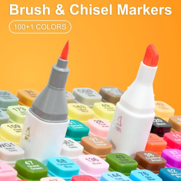 AnyMark Alkoholmarker Set, 100 Farben, Brush- und Keilspitze, Doppelspitze, Marker für Künstler, Skizzen, Illustration, Ausmalen