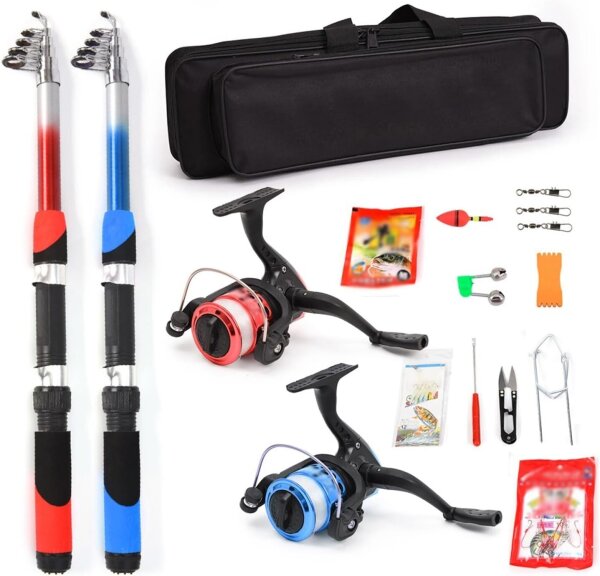 Fishing rod set, 2 x 213 cm telescopic rods, 2 spinning reels, complete set for beginners and professionals, lightweight & portable