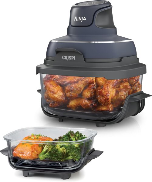 Ninja CRISPi FN101EUGY Hot Air Fryer, 3.8L, 1700W, 4-in-1 Air Fryer, compact, 2 glass containers, lid, grey, for 6 servings