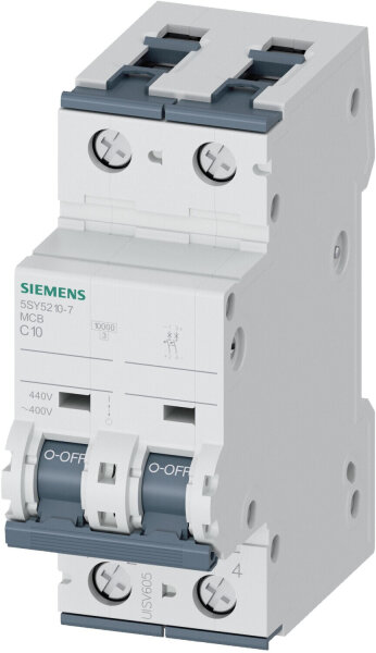 Siemens 5SY52107 miniature circuit breaker, 2-pole, C10, 10 kA, 400V AC/220–440V DC, MCB, short-circuit protection