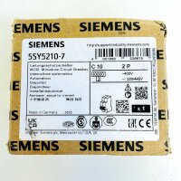 Siemens 5SY52107 miniature circuit breaker, 2-pole, C10, 10 kA, 400V AC/220–440V DC, MCB, short-circuit protection