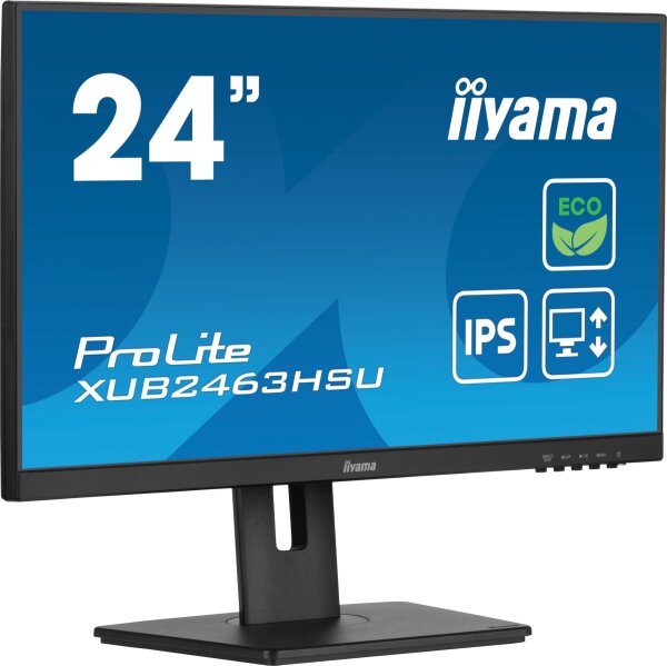 iiyama ProLite XUB2463HSU-B1 Monitor, 23,8 Zoll, Full-HD IPS, 100 Hz, HDMI/DP/USB 3.2, höhenverstellbar, Pivot, FreeSync, Slim-Design, Schwarz
