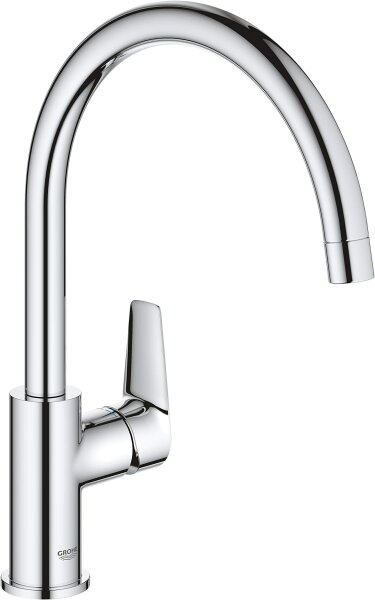 GROHE BauEdge 31367001 Kitchen Faucet, Single Lever Mixer, 223 mm Spout, Chrome, 1-Hole Installation, Waterfall Spout