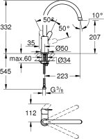 GROHE BauEdge 31367001 Kitchen Faucet, Single Lever Mixer, 223 mm Spout, Chrome, 1-Hole Installation, Waterfall Spout