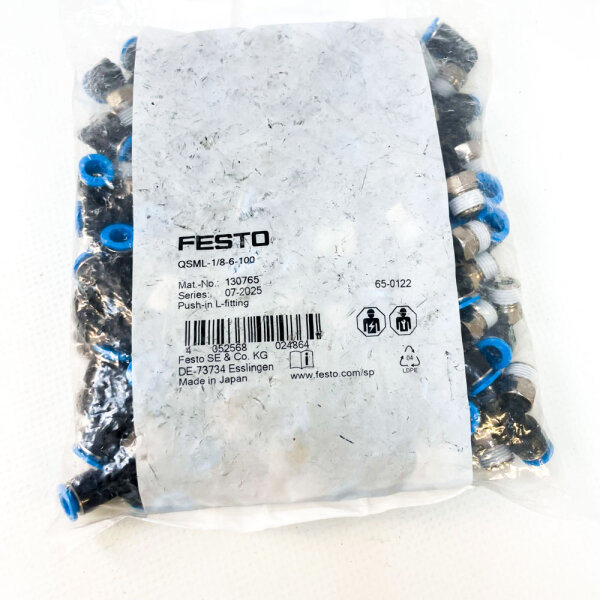 Festo QSML-1/8-6-100, 1/8" angled push-in fitting, 6 mm, push-in L-type fitting, 130765, 100 pieces