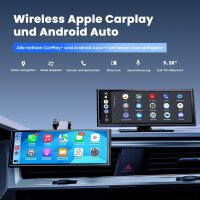 Krunia 9,26" Wireless CarPlay Display, tragbar, Apple CarPlay/Android Auto, Rückfahrkamera, Bluetooth 5.0, GPS, FM, Sprachsteuerung