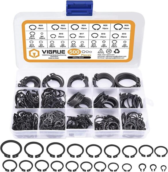 VIGRUE Snap Ring Assortment, 500-piece, 21 sizes, E-clips & external snap rings M4–M28, carbon steel, with box