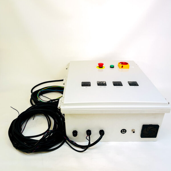 Industrial control cabinet with Novus N1040 controller, Mean Well NDR-240-48 power supply, RS485, Ethernet, emergency stop, control cabinet