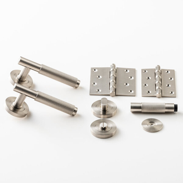 Karl Hoffmann Rock door handle set, 2 pieces, round rosettes, knurled handle, incl. mounting material, grey