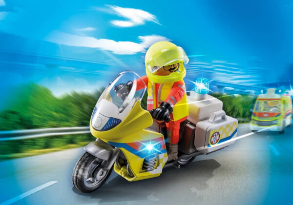 PLAYMOBIL City Life 71205 Ambulance Doctor Motorcycle, with light function, batteries included, 20-piece set, for children aged 4 and up