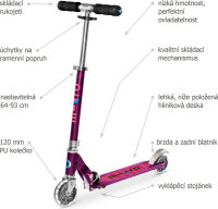 Micro Sprite LED Scooter, lila, Aluminium, LED-Dynamo-Räder, höhenverstellbar 63–95 cm, bis 100 kg, für Kinder & Jugendliche