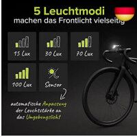 VELMIA L100 LED bicycle light set, 100 lux, USB-C, IPX4, StVZO-approved, rear light with brake light