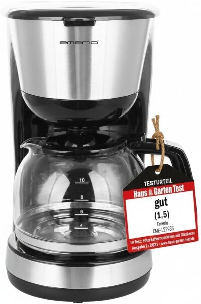 Emerio CME-122933 Filterkaffeemaschine, 1,25L, 1000W, für 10 Tassen, Schwarz/Silber, Permanentfilter, Tropfstopp, Glaskanne, Abschaltautomatik