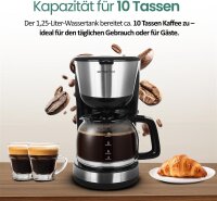 Emerio CME-122933 Filterkaffeemaschine, 1,25L, 1000W, für 10 Tassen, Schwarz/Silber, Permanentfilter, Tropfstopp, Glaskanne, Abschaltautomatik