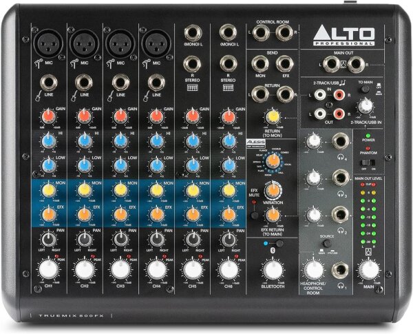 ALTO TrueMix 800FX Audio Mixer, 4 XLR microphone inputs, USB interface, Bluetooth, effects, ideal for podcasts, recording, live performances, DJs