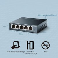 TP-Link TL-SG105, 5-Port Gigabit Switch, 2000 Mbps, Metal Housing, Fanless, Unmanaged, IGMP Snooping, Shielded Ports, Metallic Blue