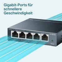 TP-Link TL-SG105, 5-Port Gigabit Switch, 2000 Mbps, Metal Housing, Fanless, Unmanaged, IGMP Snooping, Shielded Ports, Metallic Blue