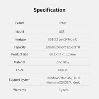 Netac US8 512GB externe SSD, tragbar, USB-C & USB 3.2, bis 550 MB/s, schneller Speicher für Fotos, Videos, Musik, Dateien