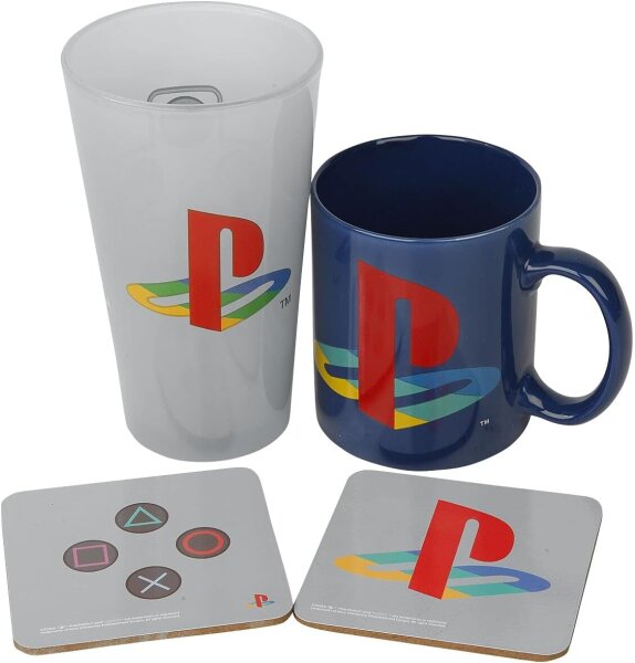 GB-Auge PlayStation Classic Gift Set GFB0061, Mug, Large Glass, 2 Coasters, Gaming Merch, Controller Icons