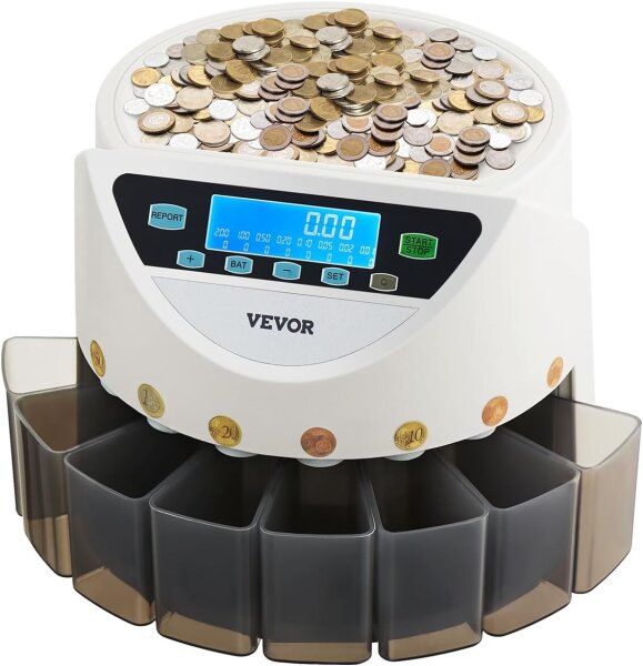VEVOR KSW550-1 Coin Counting Machine, 220–240V, 20W, LCD Display, Counts up to 850 Coins, Euro Coin Sorter