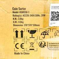 VEVOR KSW550-1 Coin Counting Machine, 220–240V, 20W, LCD Display, Counts up to 850 Coins, Euro Coin Sorter