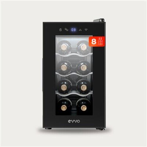 EVVO VT8 Wine Cooler, 8 Bottles, 21l, LED Lighting, Double Glass Door, Quiet, Black
