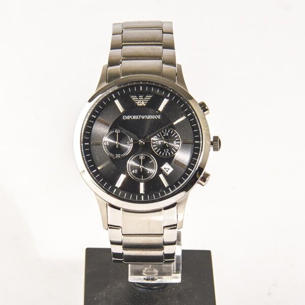 Emporio Armani AR2434 Mens Watch, Chronograph, Date Display, Analog, Black Dial, Silver Stainless Steel Bracelet
