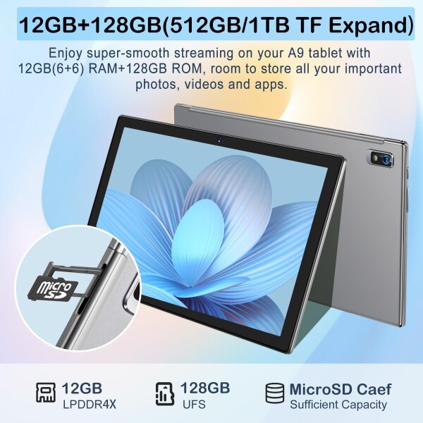 Oangcc A9 Tablet, 10.1 Zoll, Android 13, 12GB RAM, 128GB Speicher, 8MP Kamera, Octa-Core 2.0GHz, 1280x800, Grau